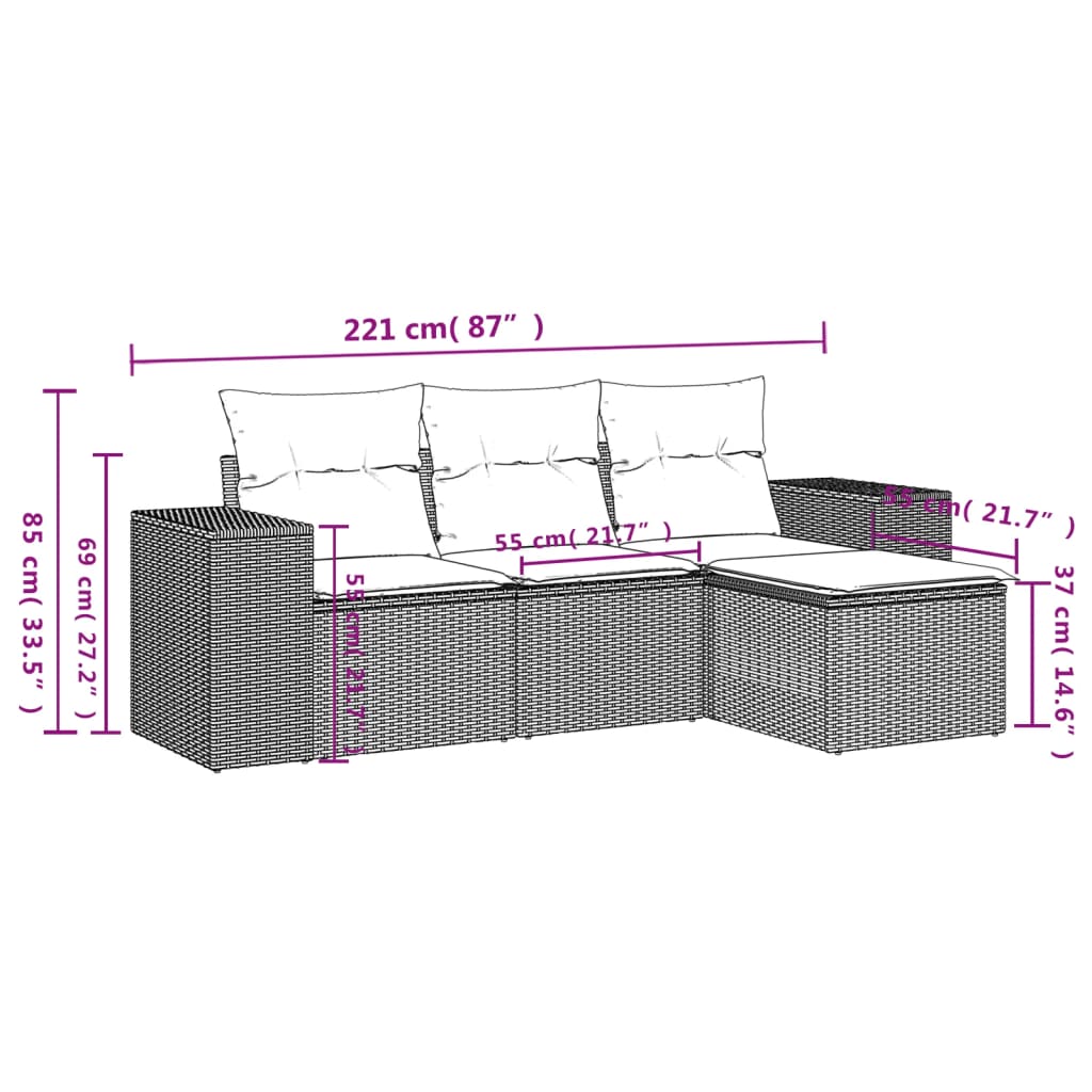 4-teiliges Gartensofa-Set mit Kissen, schwarzes Polyrattan