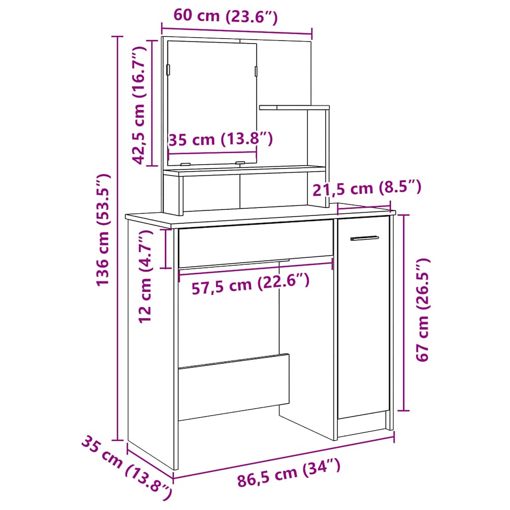 Schminktisch mit Spiegel Weiß 86,5x35x136 cm