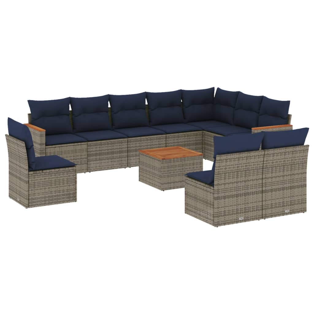 10-teiliges Gartensofa-Set mit Kissen, schwarzes Polyrattan
