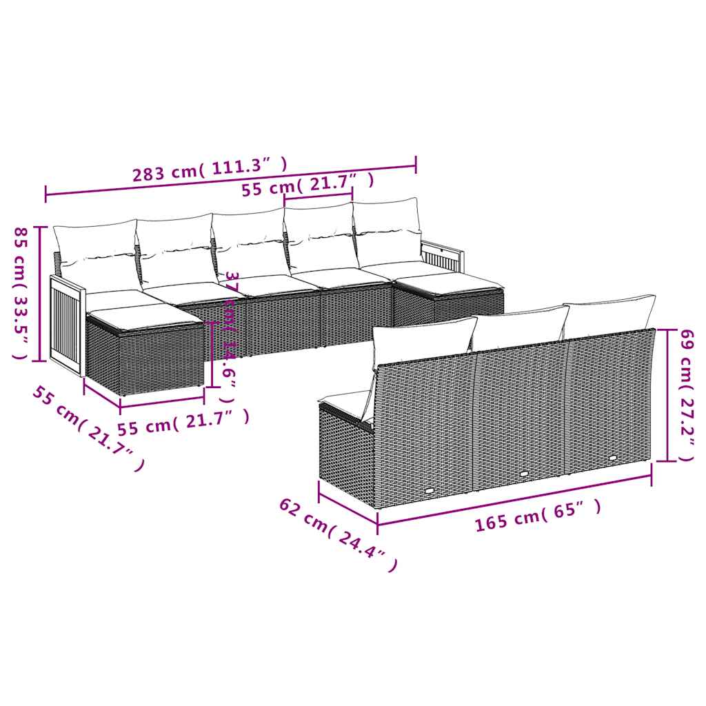 10-teiliges Gartensofa-Set mit Kissen, schwarzes Polyrattan