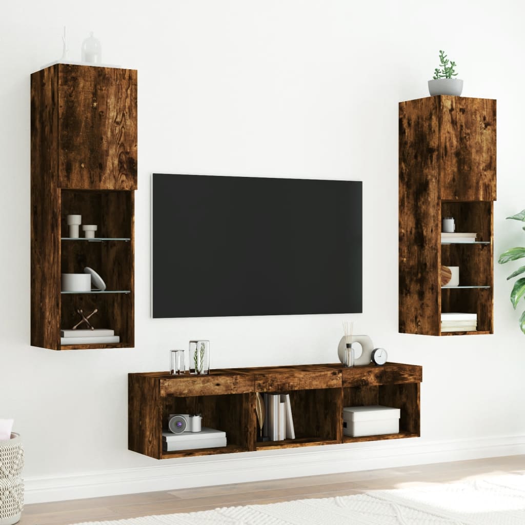 5-tlg. Wohnwand mit LED-Beleuchtung Weiß Holzwerkstoff