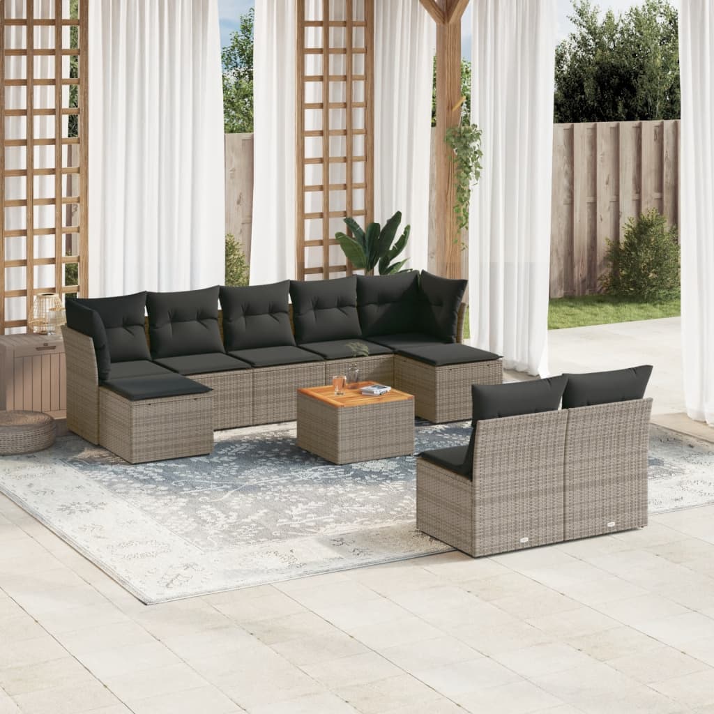 10-tlg. Garten-Sofagarnitur mit Kissen Schwarz Poly Rattan