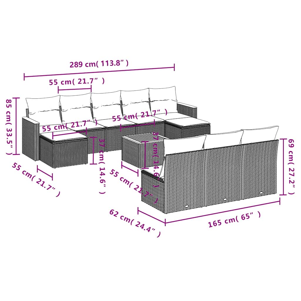 10-tlg. Garten-Sofagarnitur mit Kissen Schwarz Poly Rattan