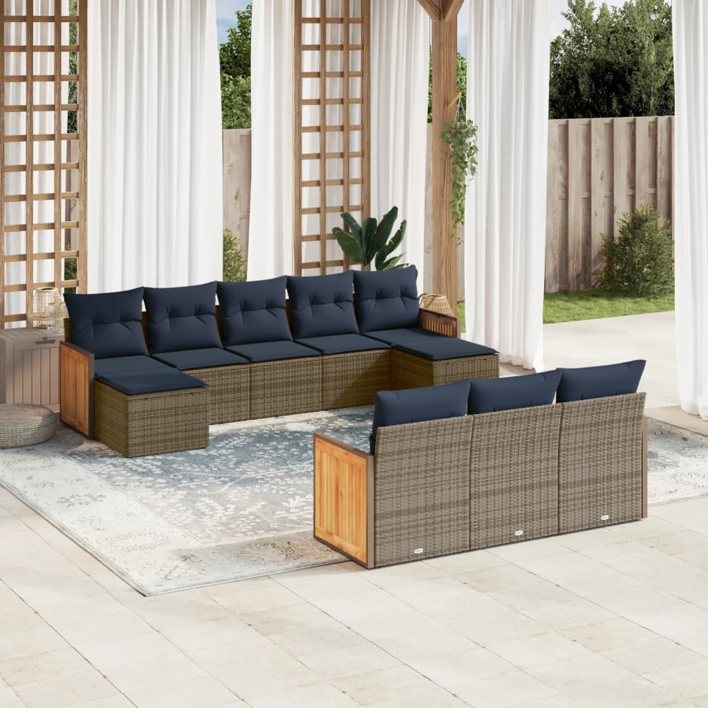 10-teiliges Gartensofa-Set mit Kissen, schwarzes Polyrattan