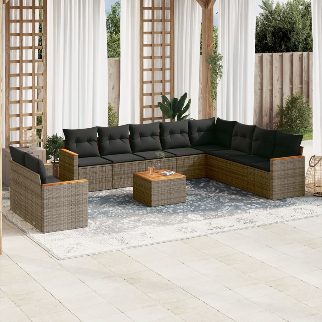 10-tlg. Garten-Sofagarnitur mit Kissen Schwarz Poly Rattan