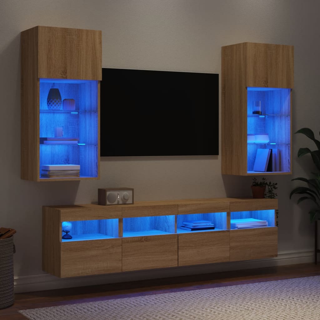5-tlg. Wohnwand mit LED-Beleuchtung Weiß Holzwerkstoff