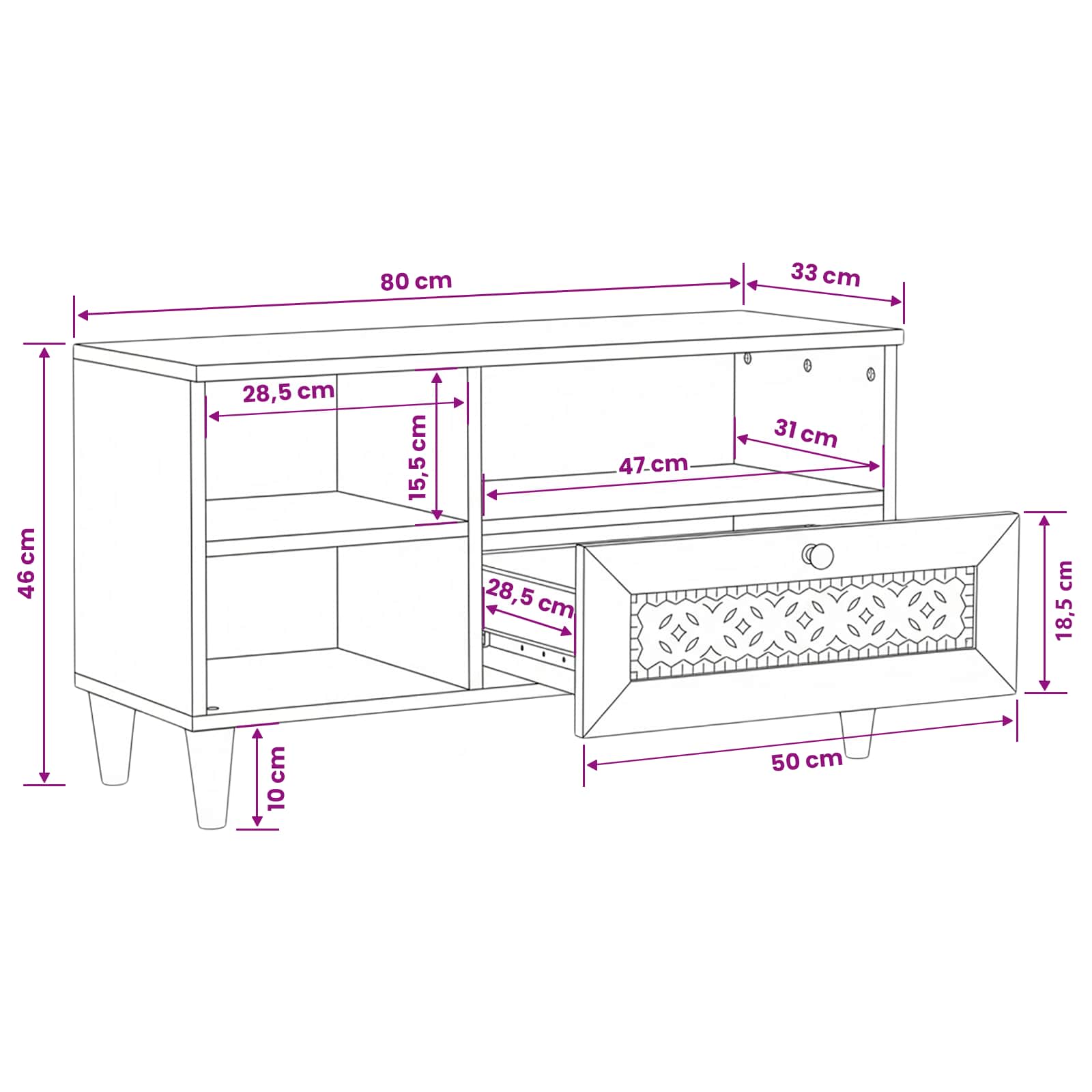 TV-Schränk mit Schubladen 80 x 33 x 46 cm Massivholz Mango