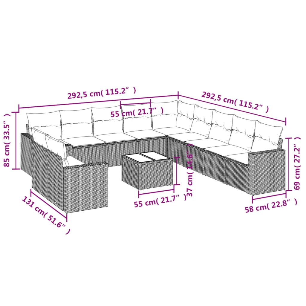 11-tlg. Garten-Sofagarnitur mit Kissen Schwarz Poly Rattan