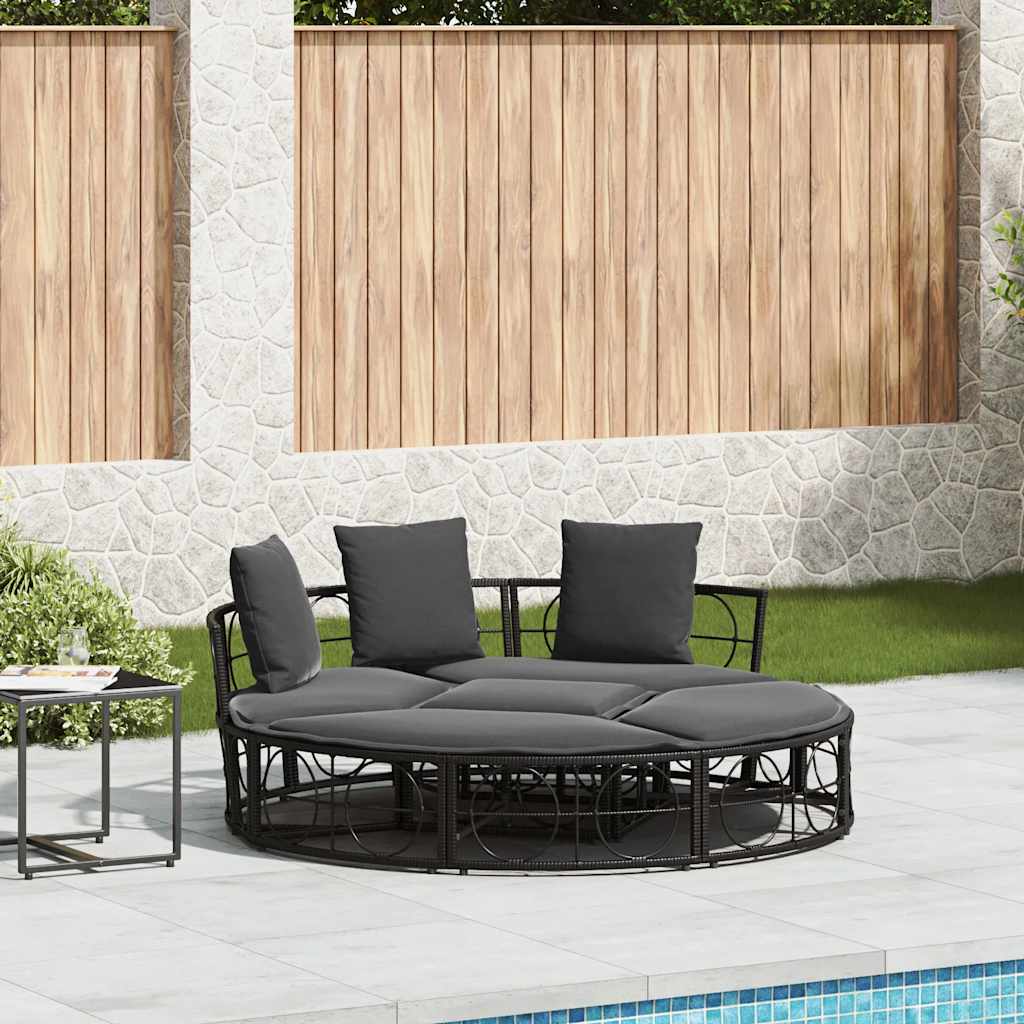Outdoor-Loungebett mit Dach und Kissen Schwarz Poly Rattan