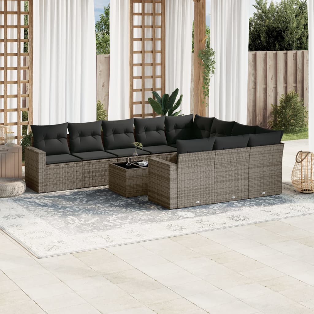 10-tlg. Garten-Sofagarnitur mit Kissen Schwarz Poly Rattan