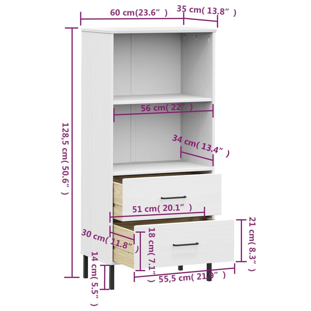 Bücherregal OSLO 2 Schubladen Braun 60x35x128,5 cm Massivholz