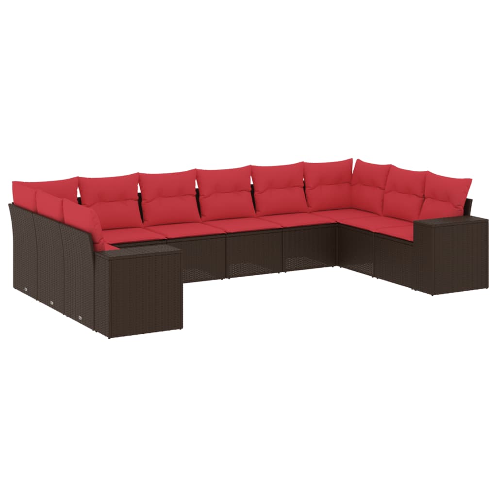 10-teiliges Gartensofa-Set mit Kissen, schwarzes Polyrattan