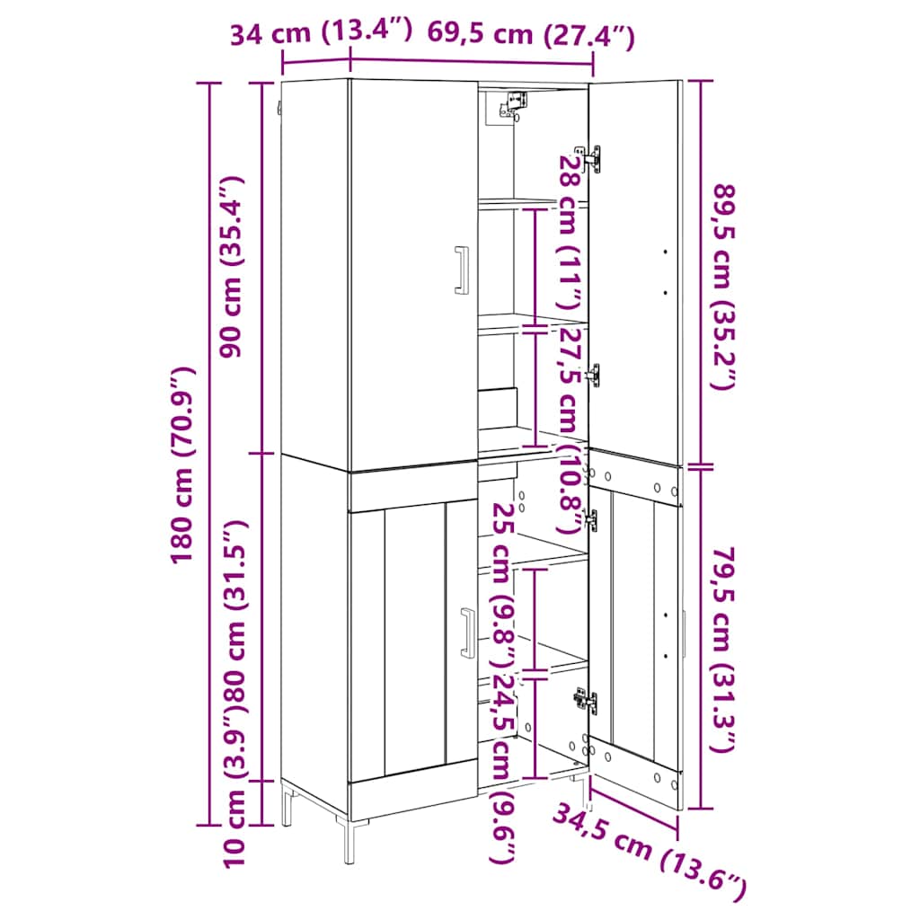 Highboard Betongrau 69,5x34x180 cm Holzwerkstoff