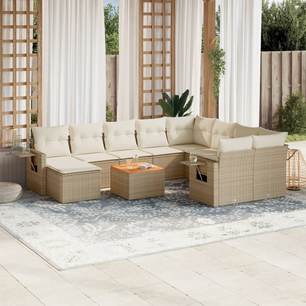 11-tlg. Garten-Sofagarnitur mit Kissen Schwarz Poly Rattan