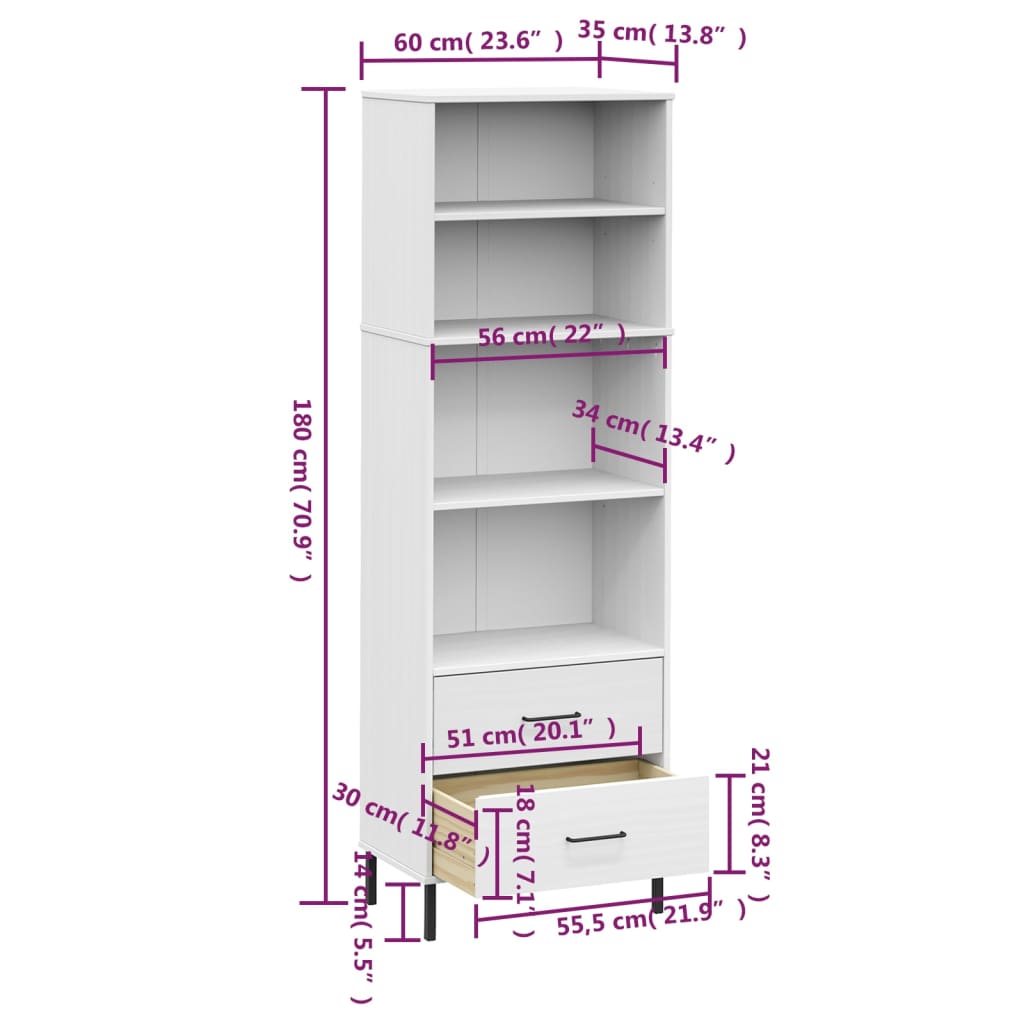 Bücherregal OSLO mit 2 Schubladen Braun 60x35x180 cm Massivholz