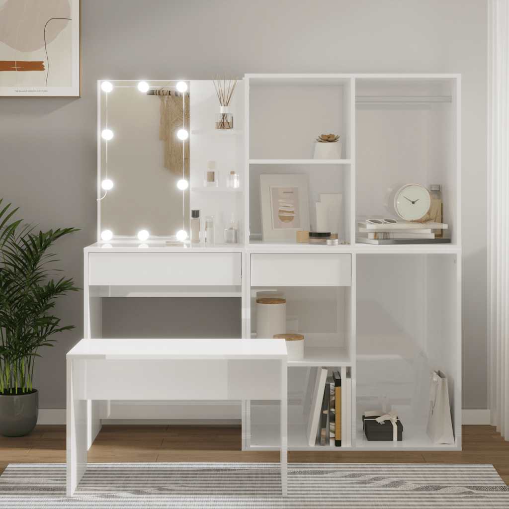 Schminktisch-Set mit LED Weiß Holzwerkstoff