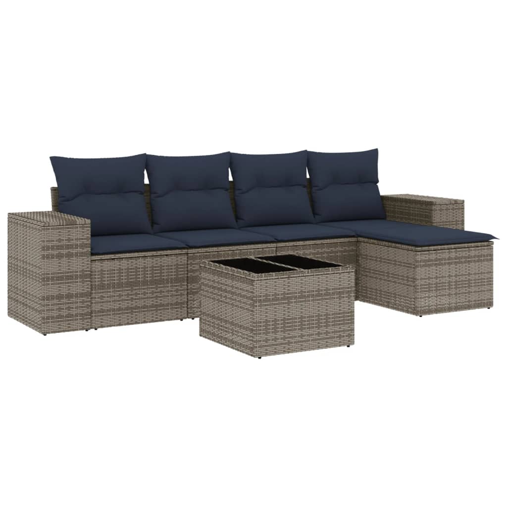 5-teiliges Gartensofa-Set mit Kissen, schwarzes Polyrattan