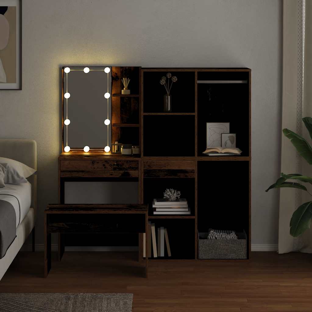 Schminktisch-Set mit LED Weiß Holzwerkstoff