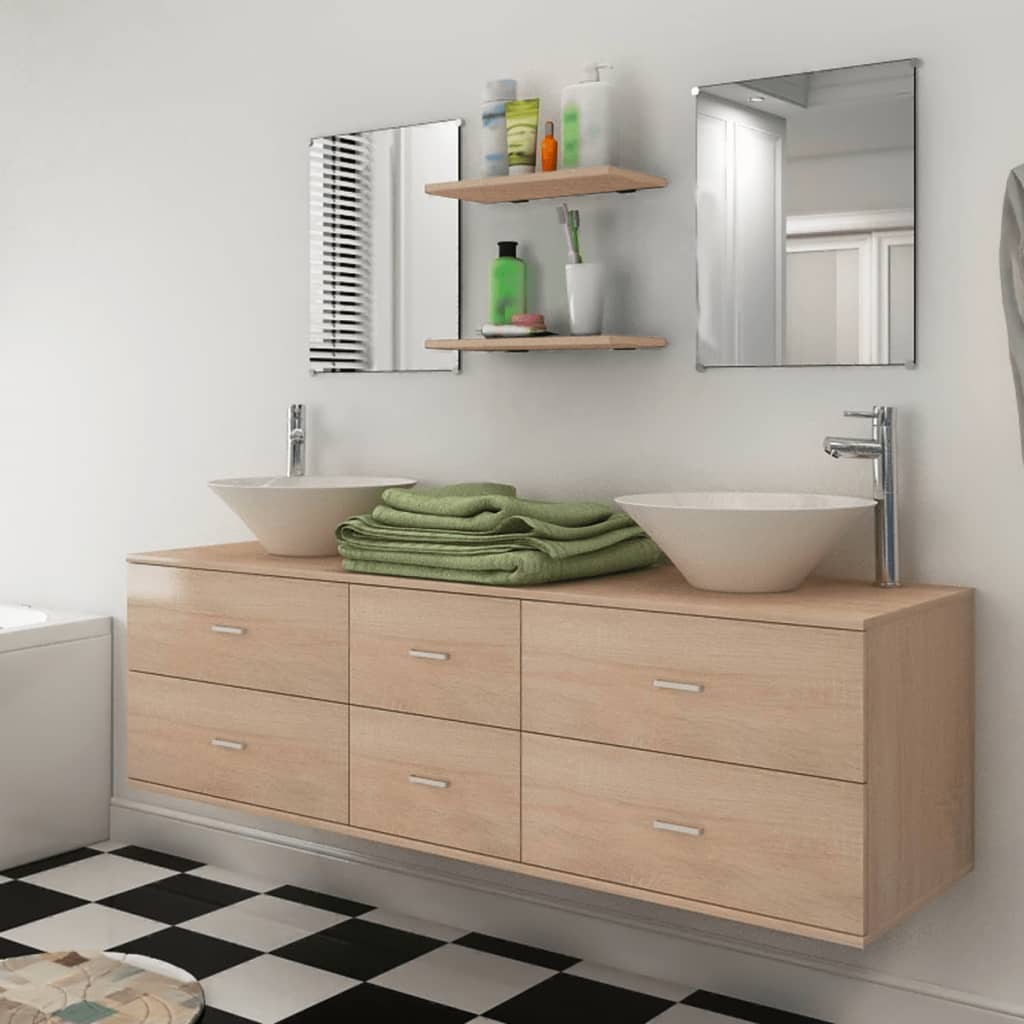 11-tlg. Badmöbel-Set mit Waschbecken und Wasserhahn Schwarz