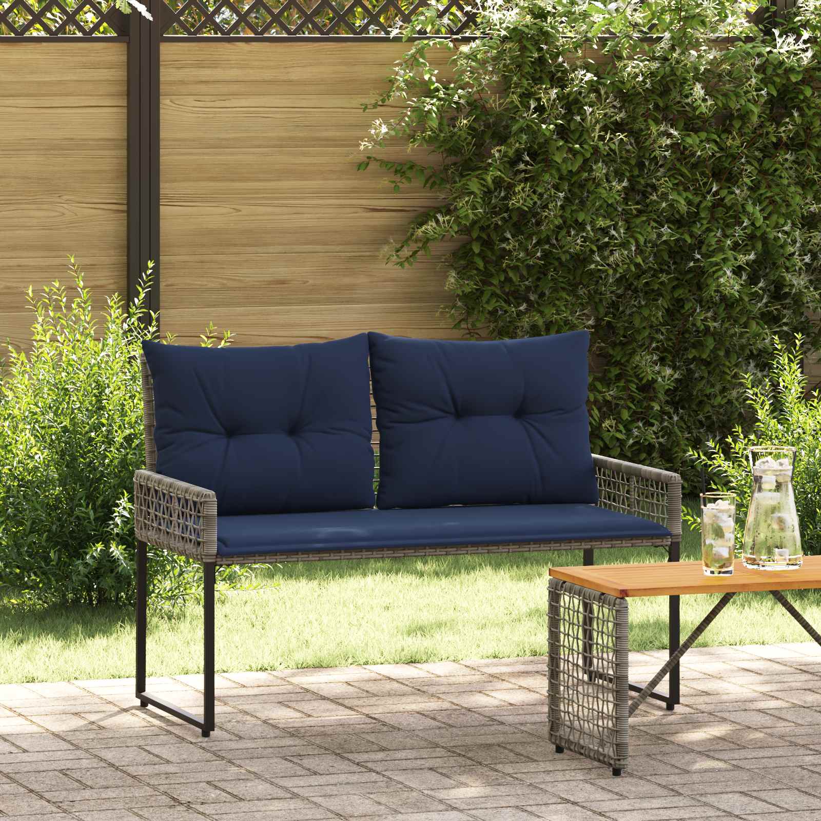 Bank Outdoor mit Kissen Schwarz und Cremeweiß 118 x 55 x 82 cm