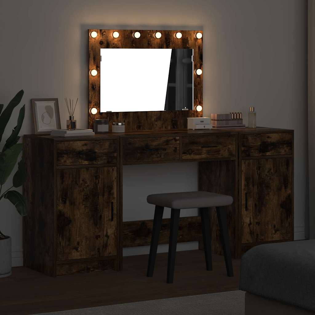 Schminktisch mit Spiegelbeleuchtung 3 pcs Weiß Holzwerkstoff