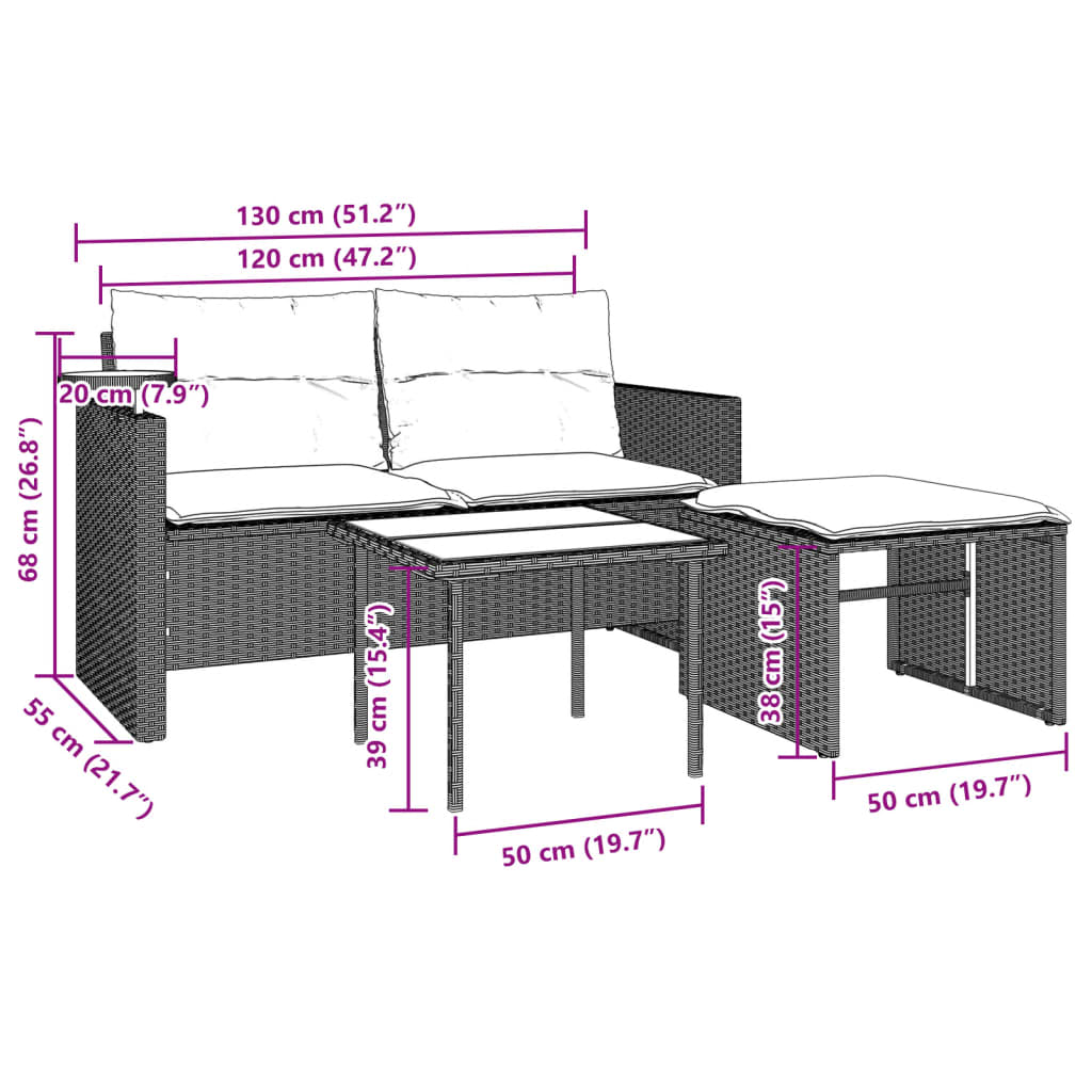 3-tlg. Garten-Sofagarnitur mit Kissen Schwarz Poly Rattan