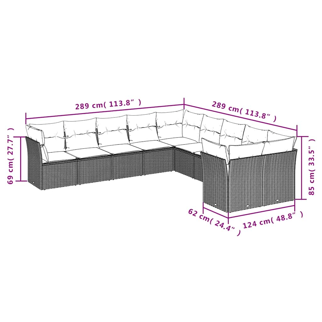 10-tlg. Garten-Sofagarnitur mit Kissen Schwarz Poly Rattan