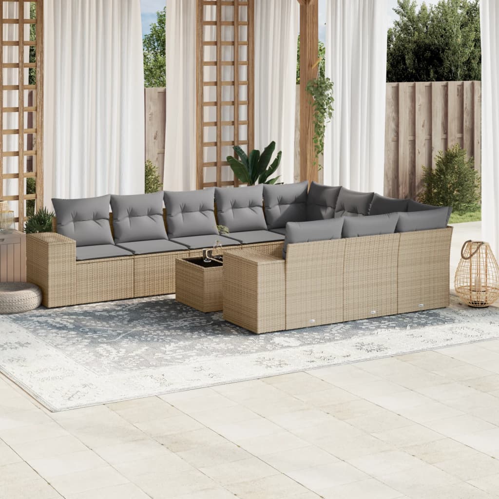10-tlg. Garten-Sofagarnitur mit Kissen Schwarz Poly Rattan