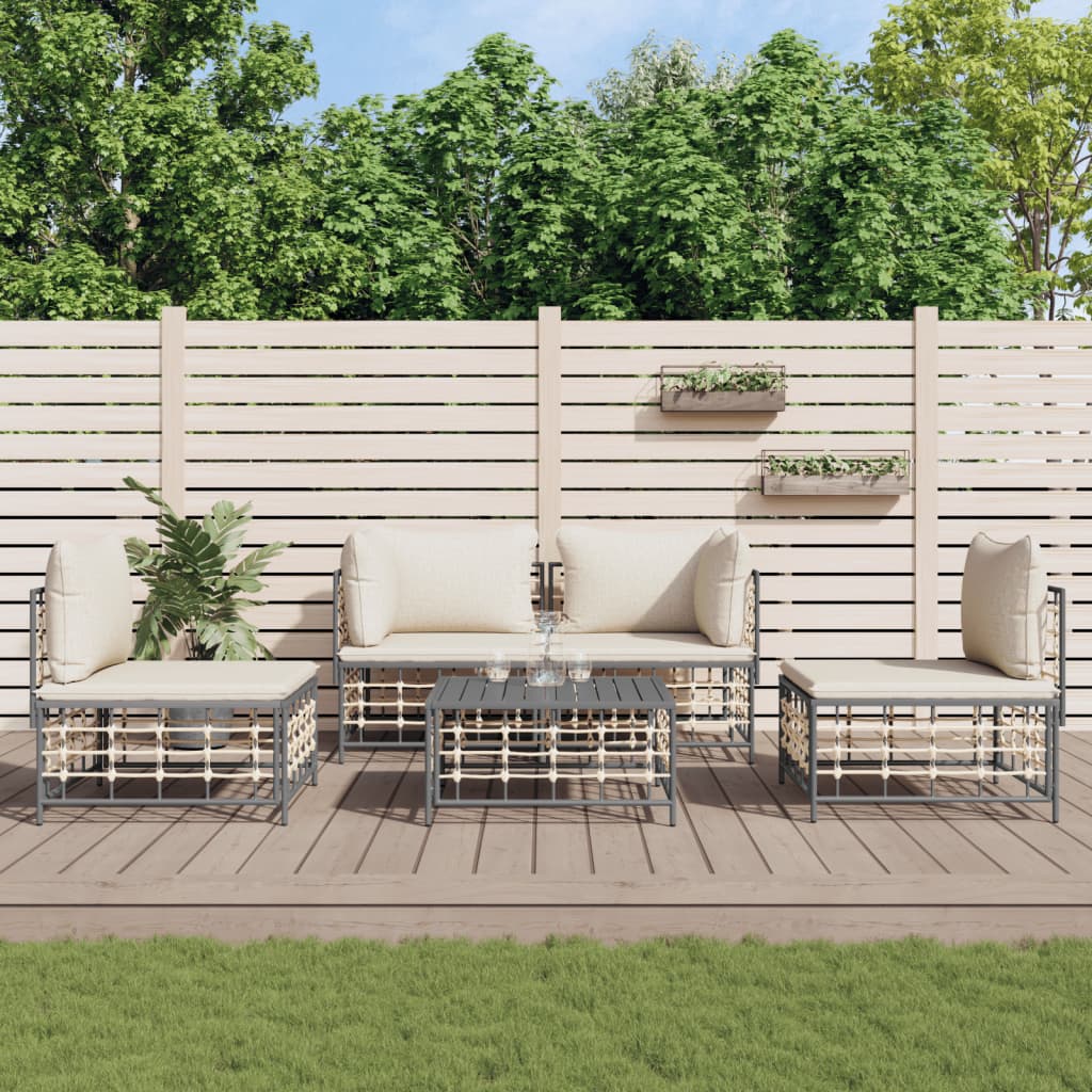 6-tlg. Garten-Lounge-Set mit Kissen Anthrazit Poly Rattan