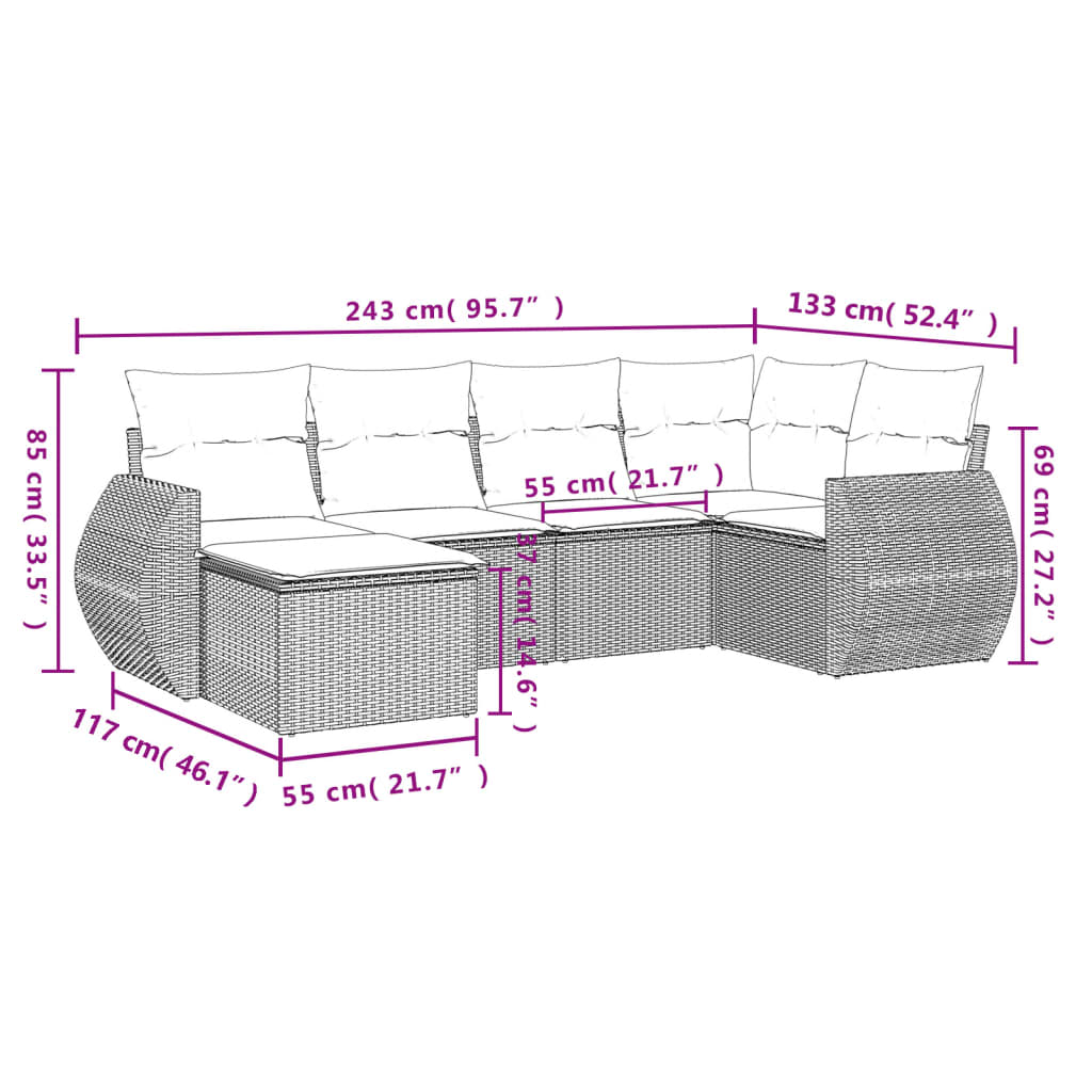 6-teiliges Gartensofa-Set mit Kissen, schwarzes Polyrattan
