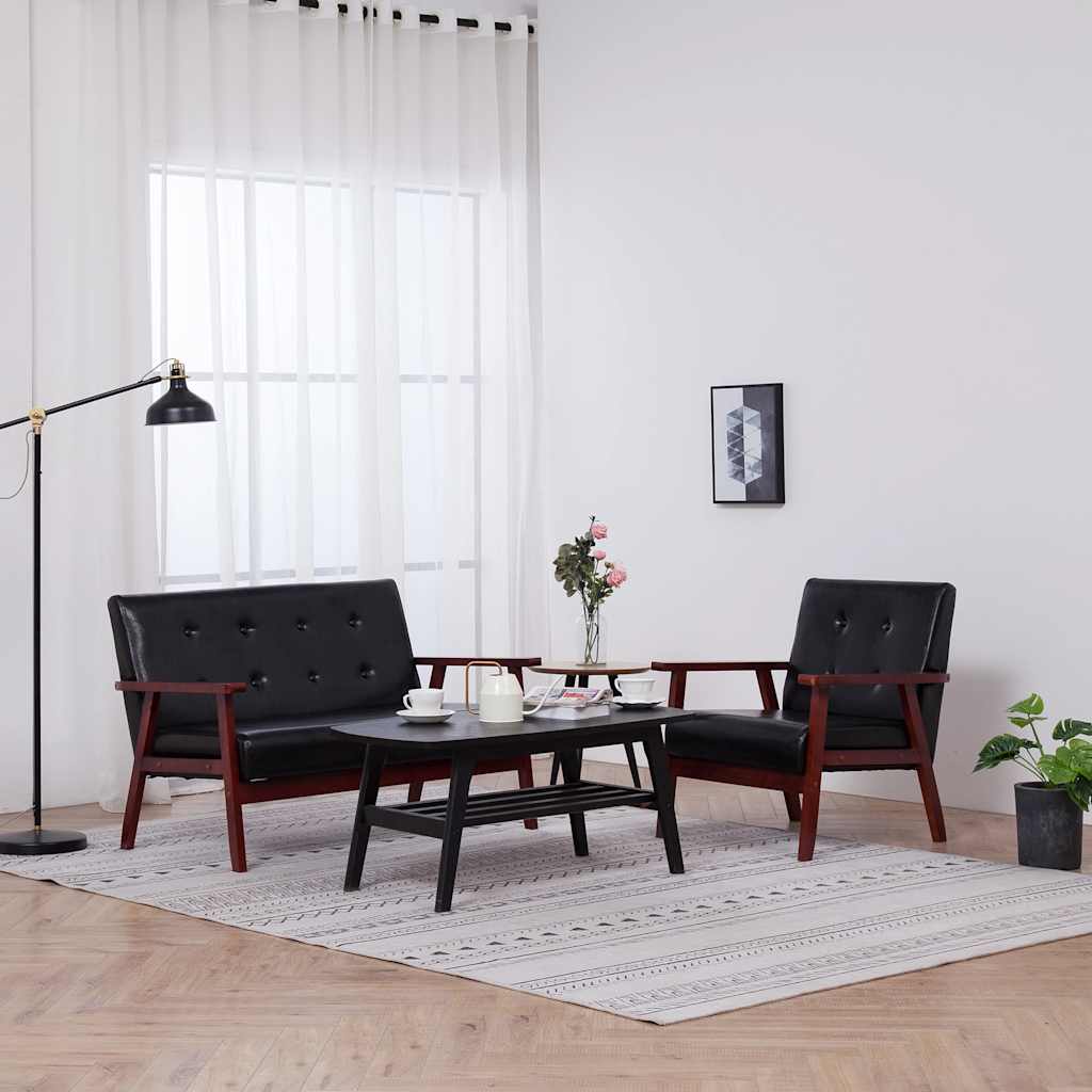3-tlg. Sofagarnitur Schwarz Kunstleder