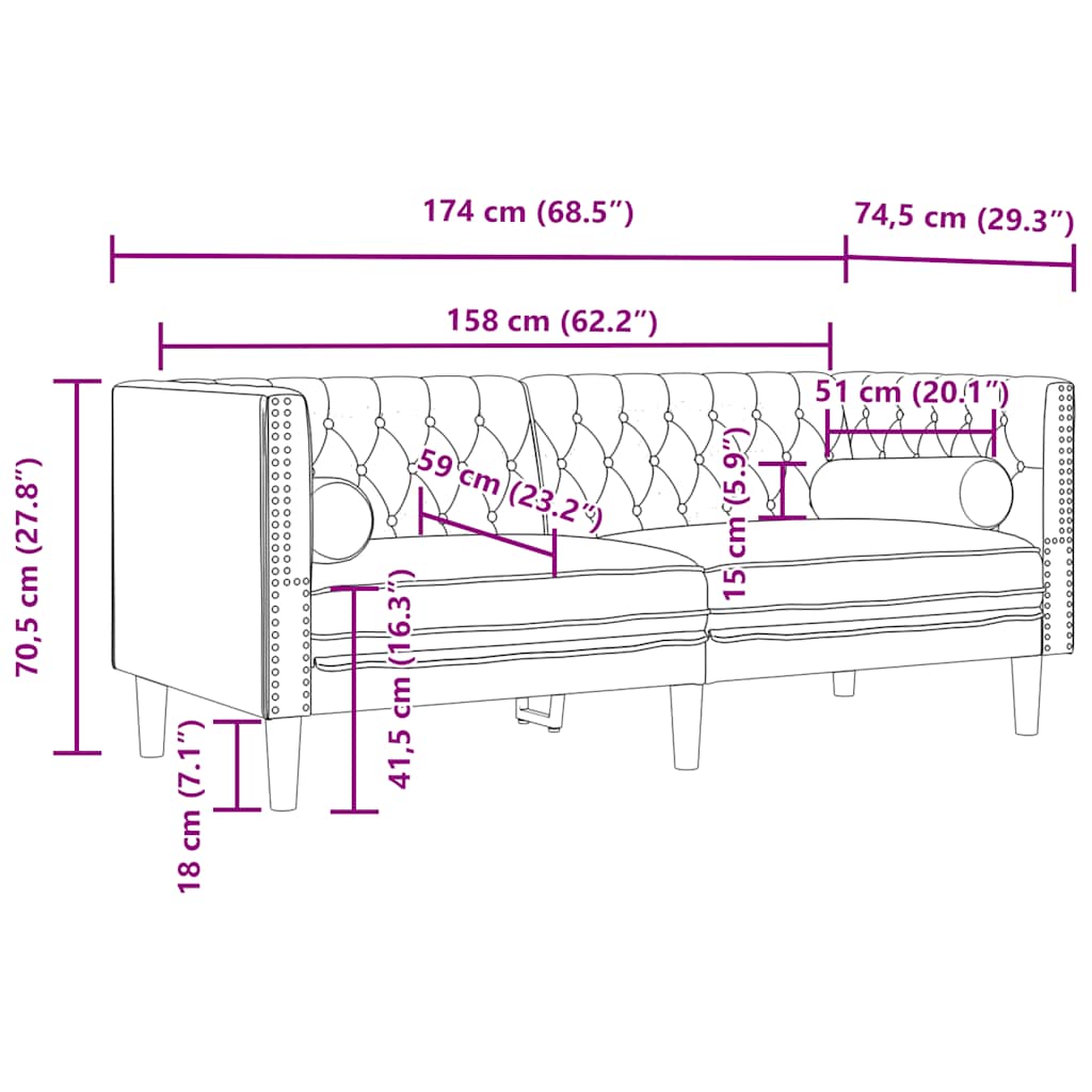 3-tlg. Chesterfield-Sofa-Set mit Nackenrollen Hellgrau Samt
