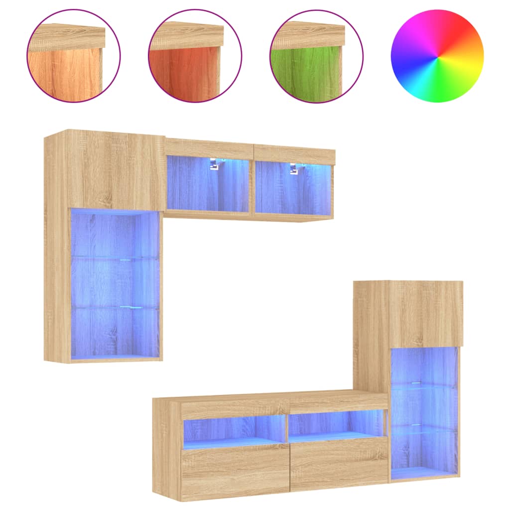 5-tlg. Wohnwand mit LED-Beleuchtung Weiß Holzwerkstoff