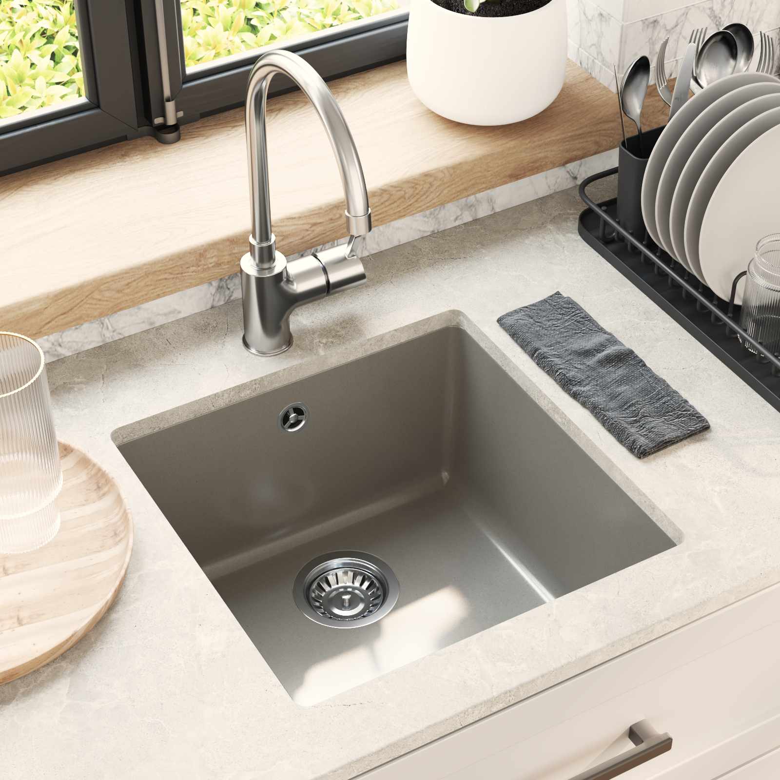 Waschbecken Schwarz 370 x 460 mm 80% Quarz und 20% Harz