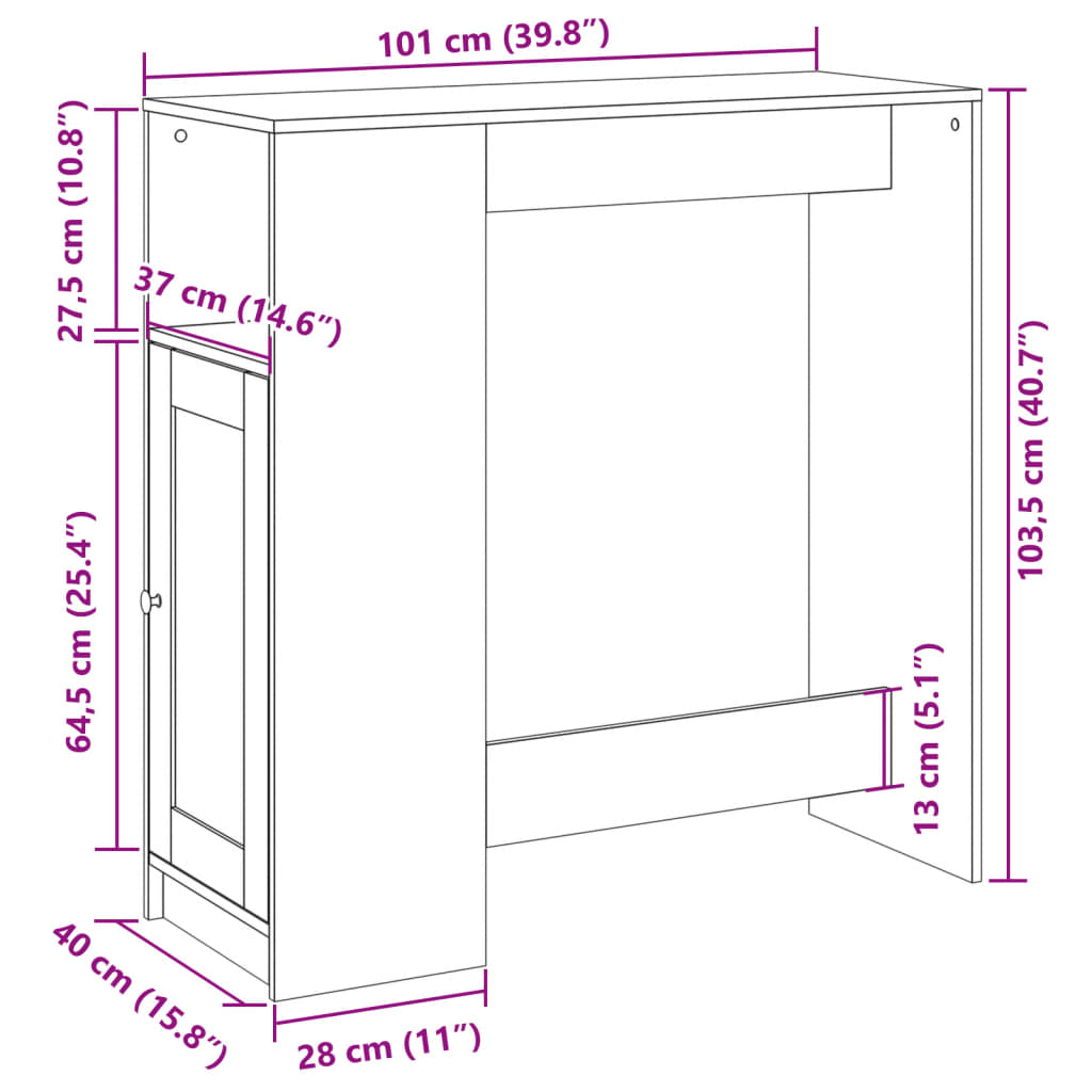 Bartisch Schwarz Eichen-Optik 101 x 40 x 103,5 cm Holzwerkstoff