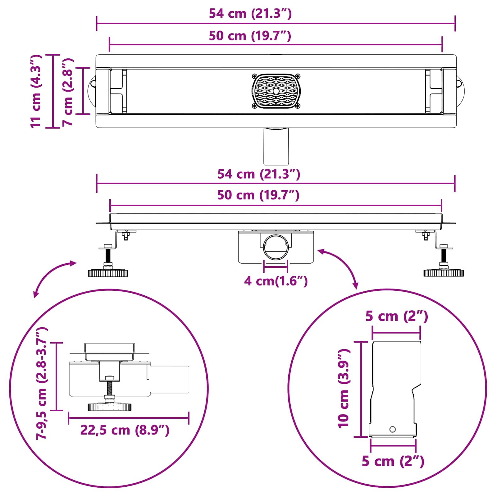 Duschabfluss mit Glashülle und 360° Siphon Schwarz 50 cm