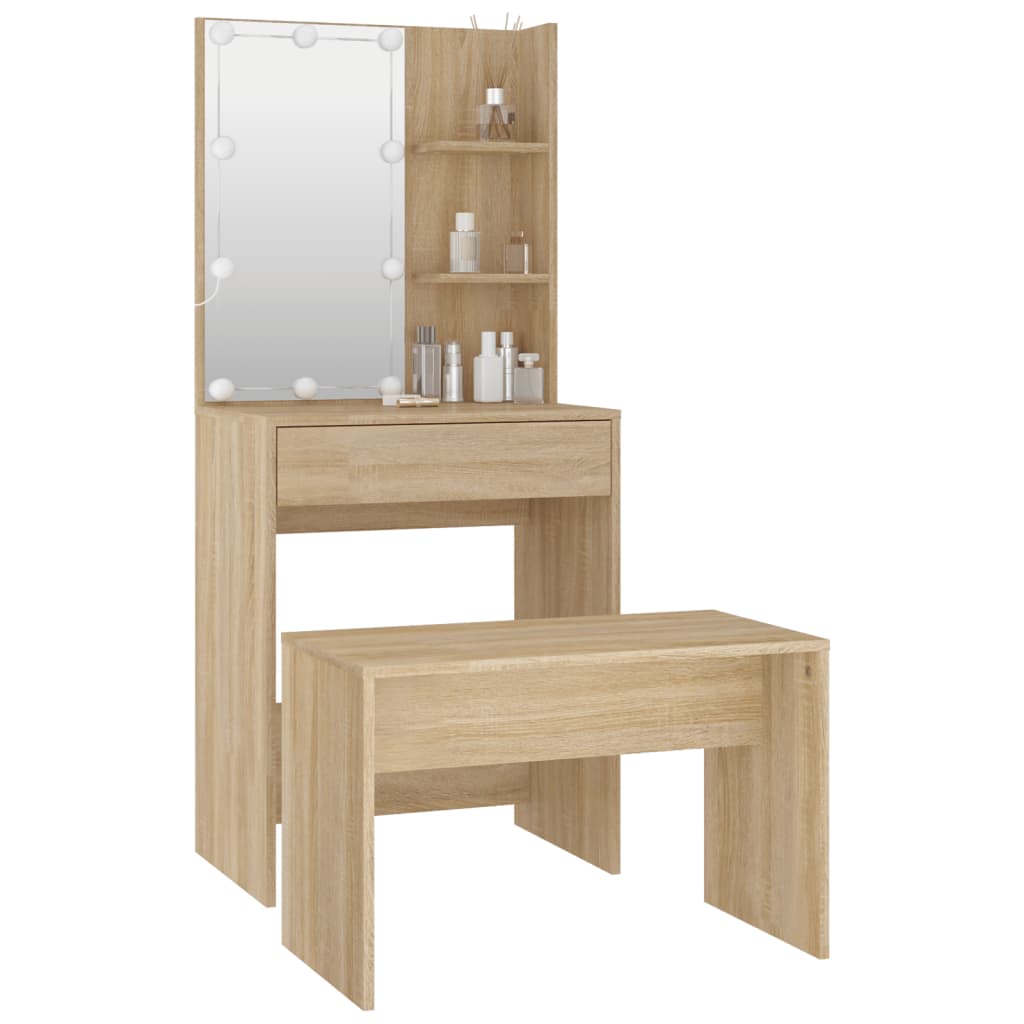 Schminktisch-Set mit LED Weiß Holzwerkstoff