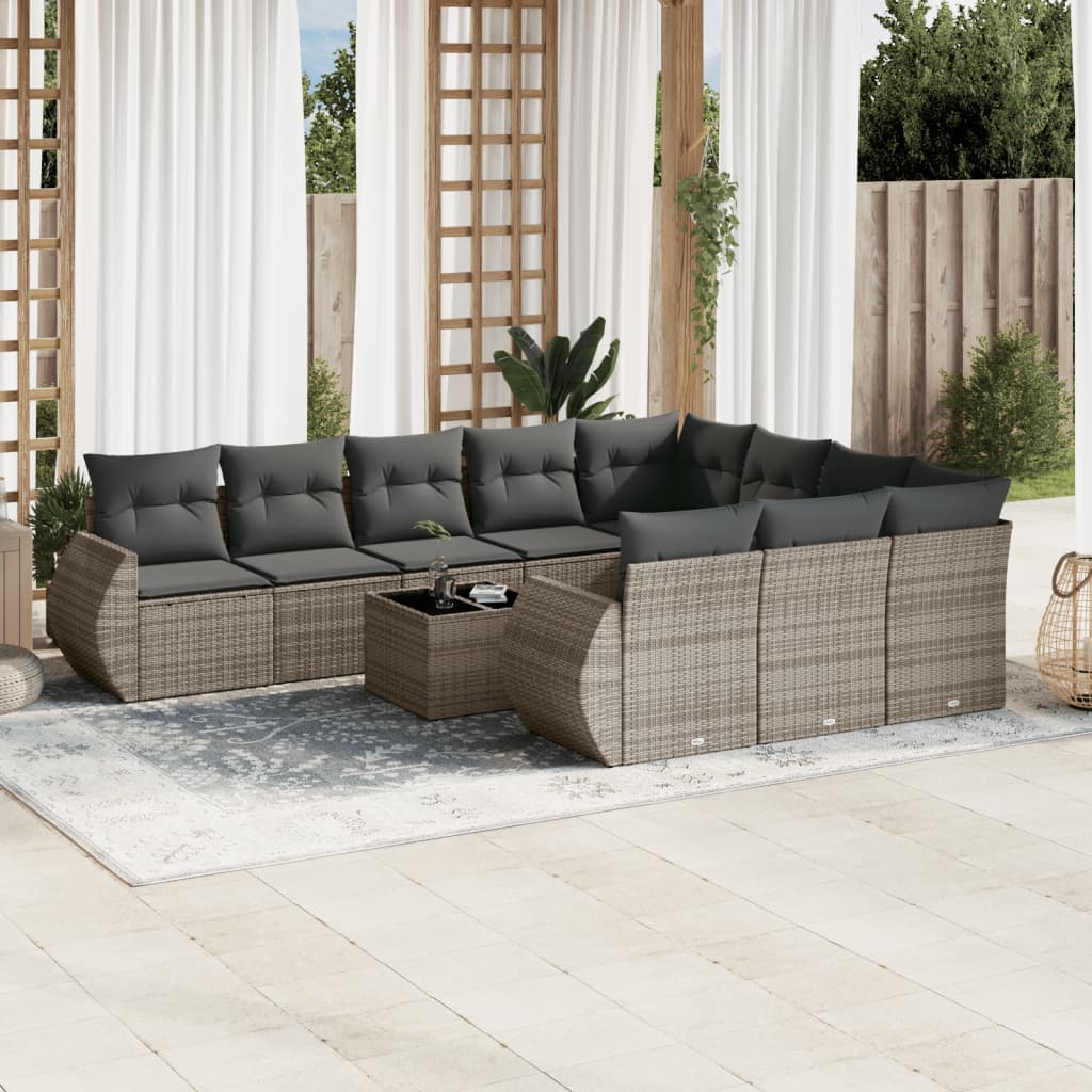 10-tlg. Garten-Sofagarnitur mit Kissen Schwarz Poly Rattan