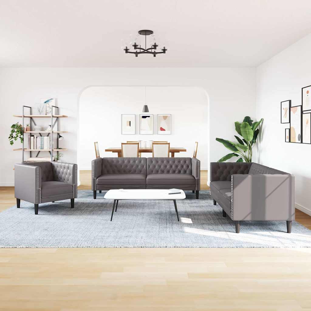 3-tlg. Chesterfield-Sofa-Set Schwarz Kunstleder