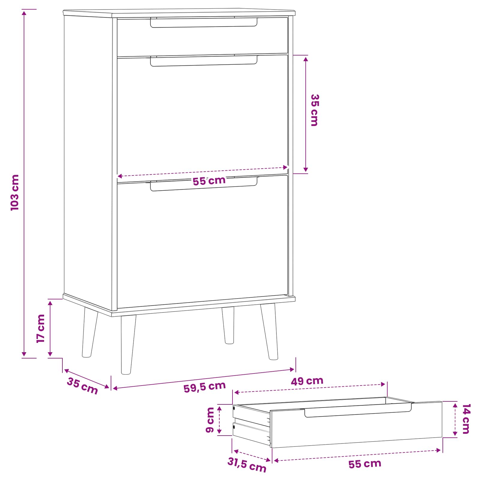 Schuhschrank MOLDE Weiß 59,5x35x103 cm Massivholz Kiefer