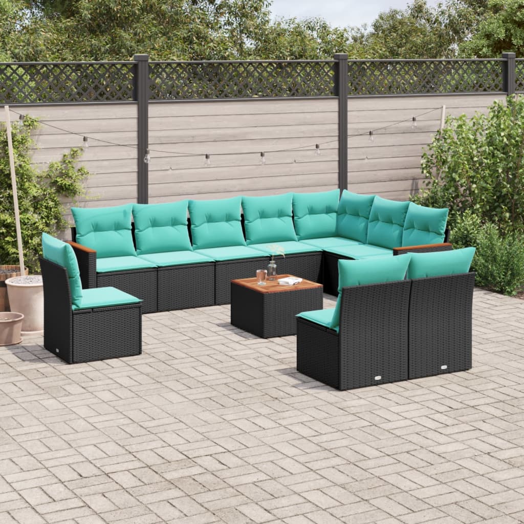 10-teiliges Gartensofa-Set mit Kissen, schwarzes Polyrattan