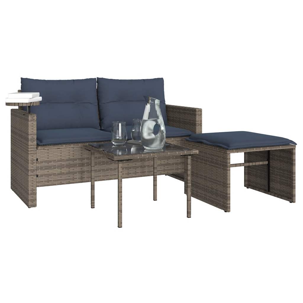 3-teiliges Gartensofa-Set mit Kissen, grau, Polyrattan
