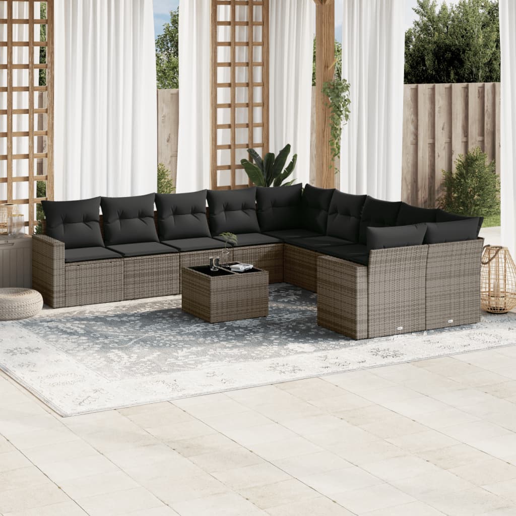 10-tlg. Garten-Sofagarnitur mit Kissen Schwarz Poly Rattan