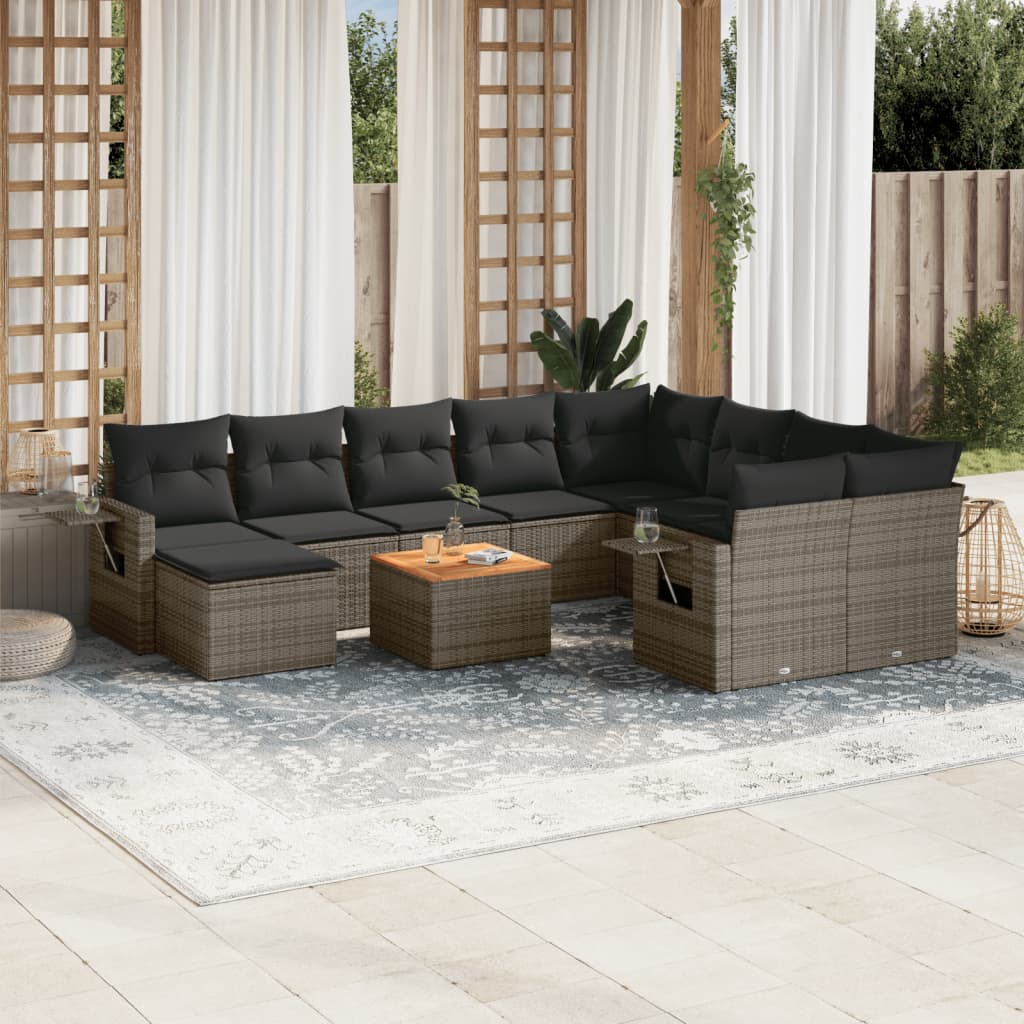 11-tlg. Garten-Sofagarnitur mit Kissen Schwarz Poly Rattan