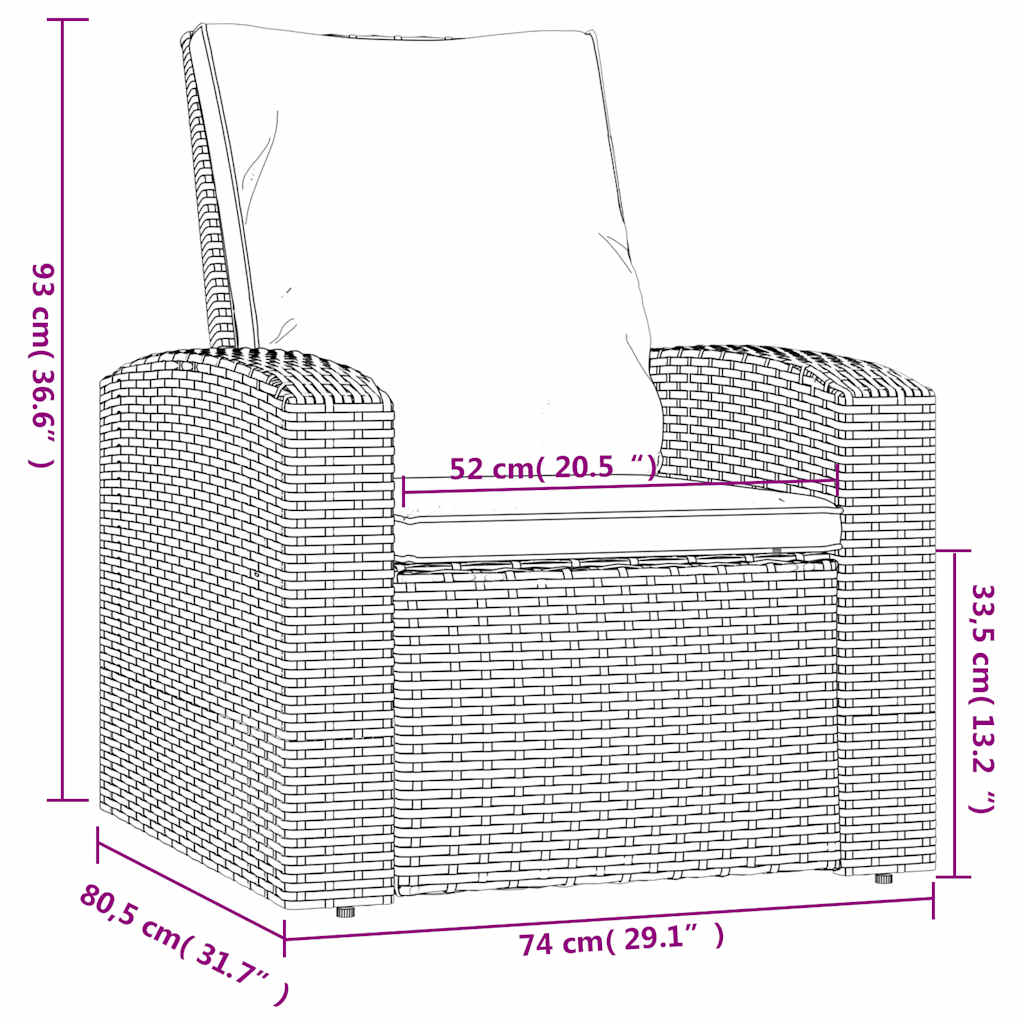Gartensessel Verstellbar mit Kissen Hellbraun Poly Rattan