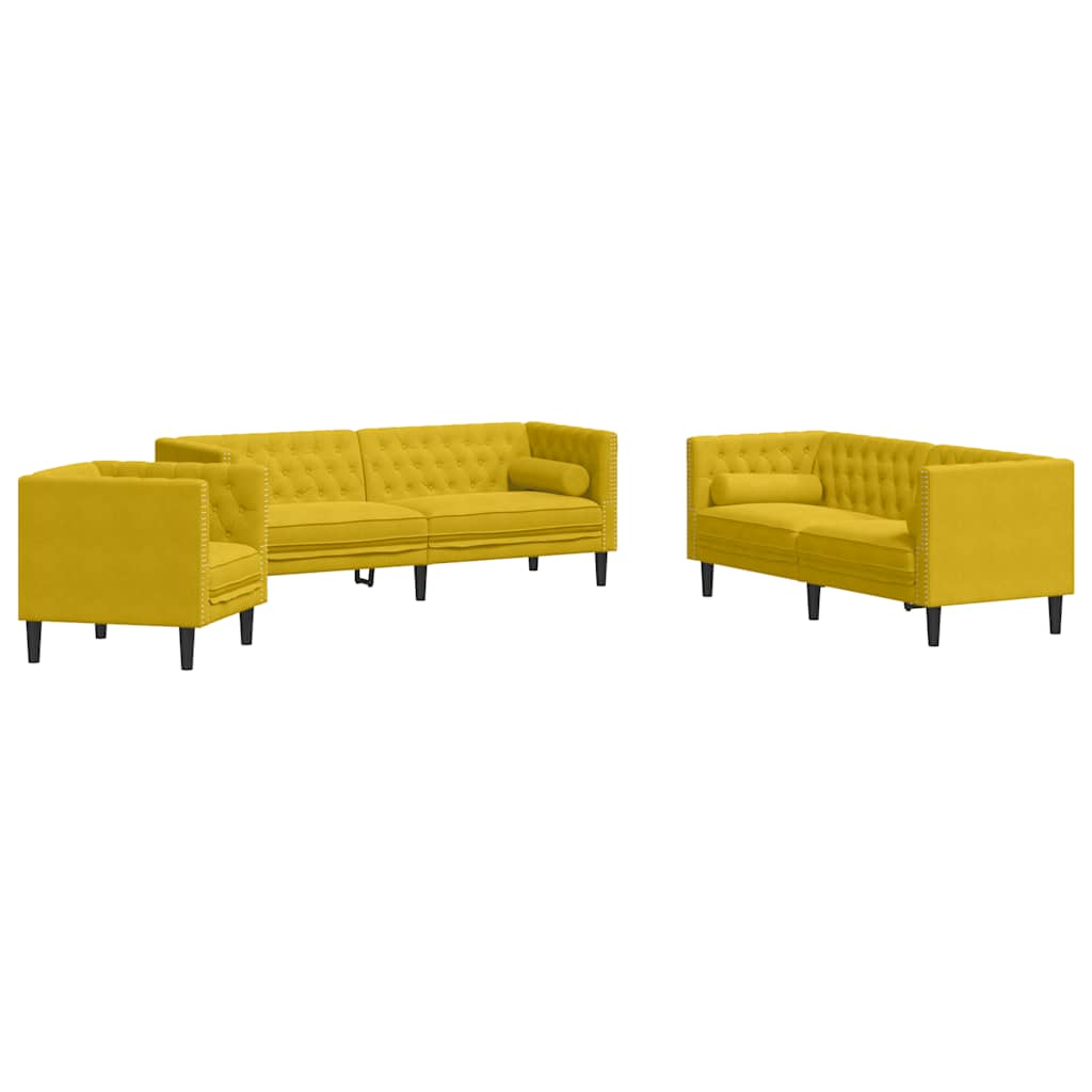 3-tlg. Chesterfield-Sofa-Set mit Nackenrollen Hellgrau Samt