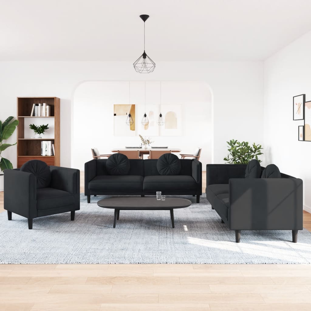 3-tlg. Sofagarnitur mit Kissen Creme Samt