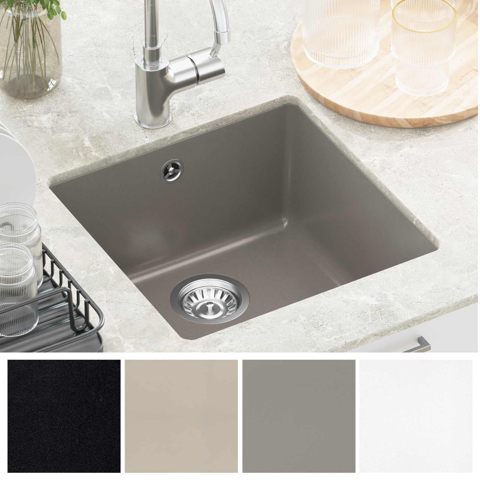 Waschbecken Schwarz 370 x 460 mm 80% Quarz und 20% Harz