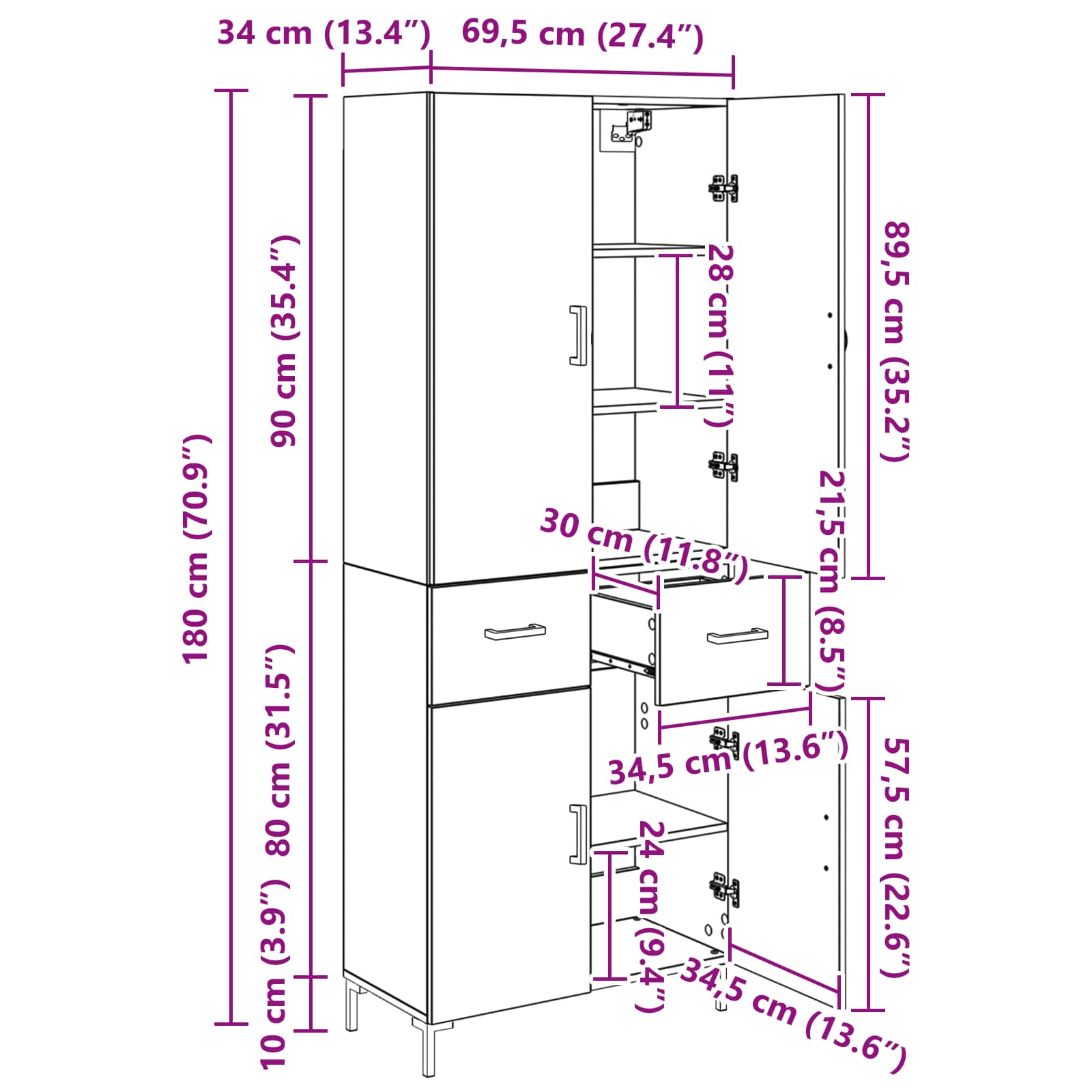 Highboard Betongrau 69,5x34x180 cm Holzwerkstoff