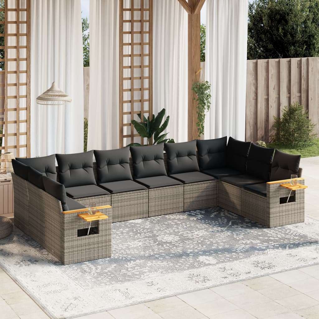 10-tlg. Garten-Sofagarnitur mit Kissen Schwarz Poly Rattan
